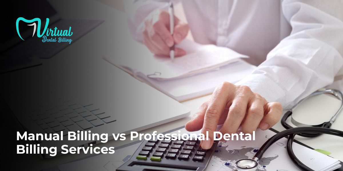 Manual billing vs professional dental billing services with calculator and medical documents in a clinic setting