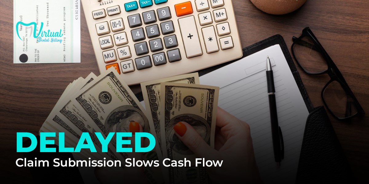 A person holding cash next to a calculator, notepad, pen, and glasses on a wooden desk, illustrating how delayed claim submission slows cash flow