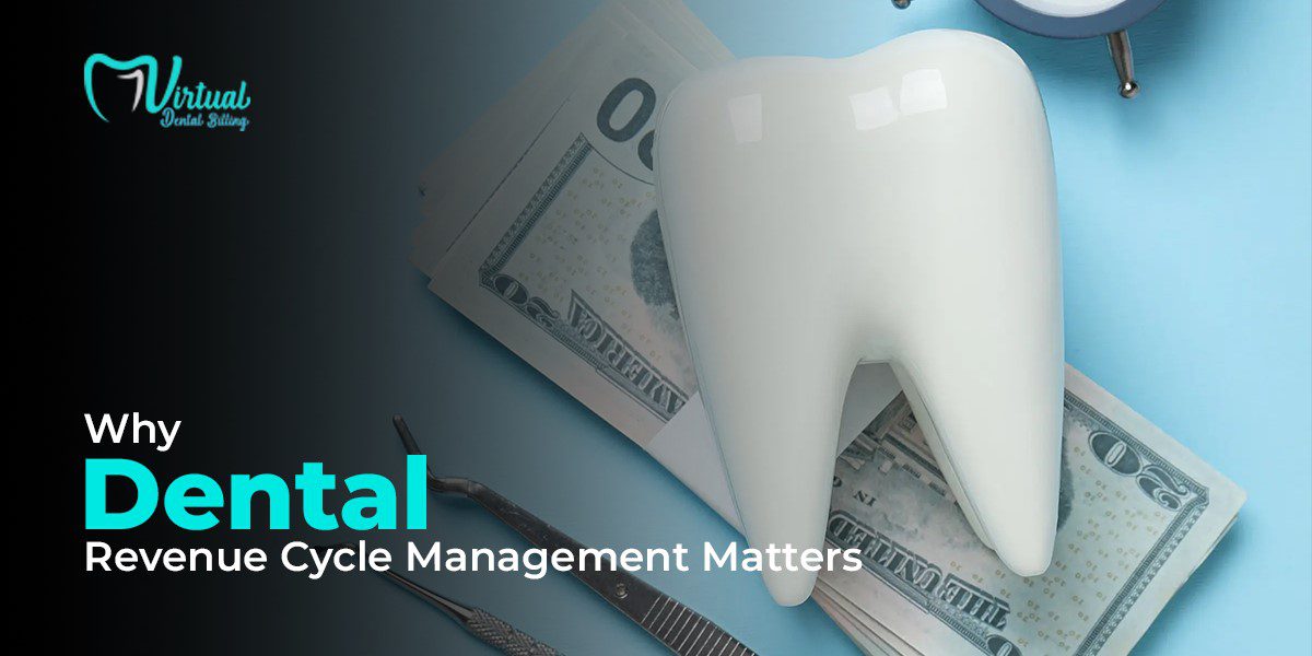A white tooth model placed on US dollar bills with dental tools nearby on a blue background, symbolizing dental revenue cycle management