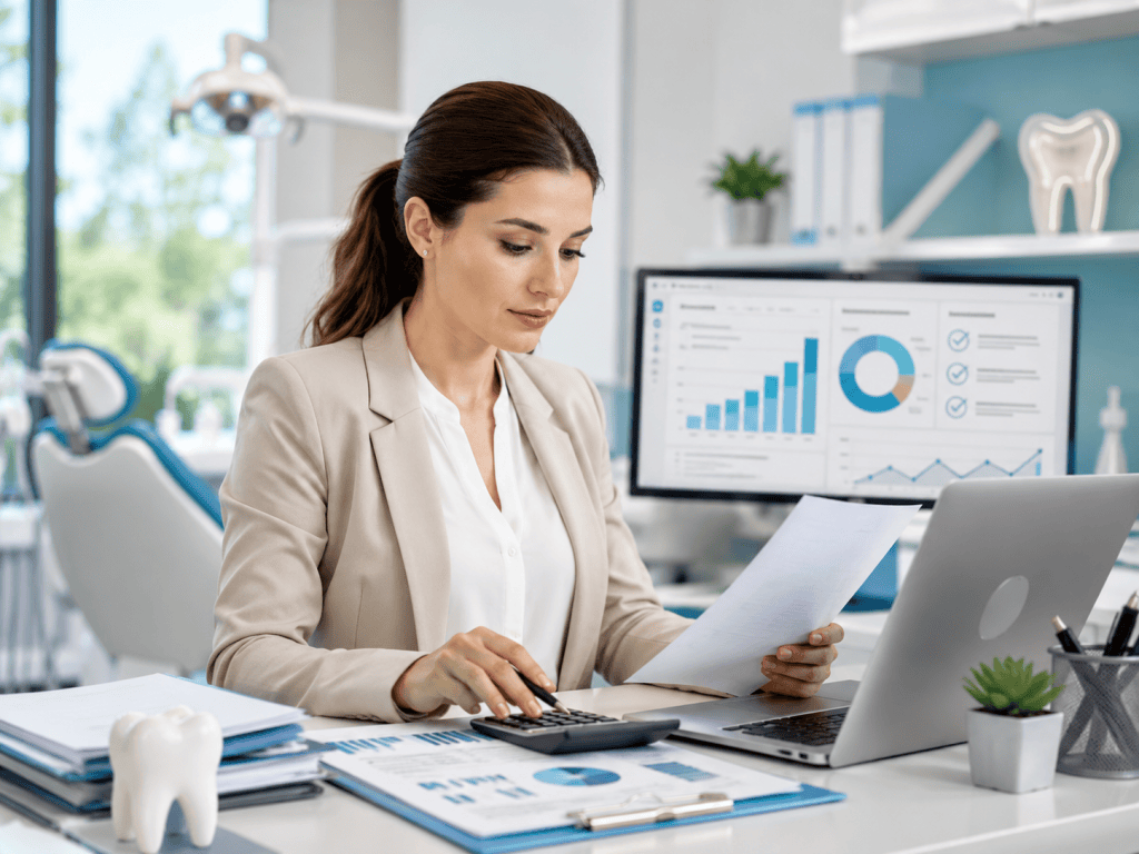 Dental insurance biller reviewing claims and payment reports for accurate reimbursement