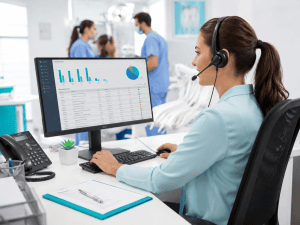 Dental billing agent managing insurance claims and revenue cycle management on computer