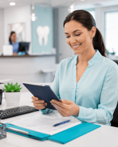 Dental practice front desk staff supporting billing and patient account management